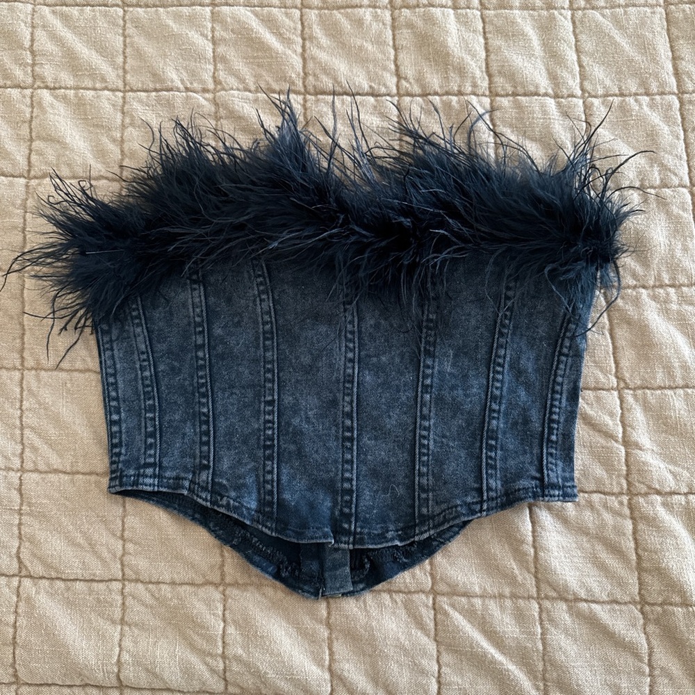 Nasty Gal Black Denim Feather Trim Cropped Bustier